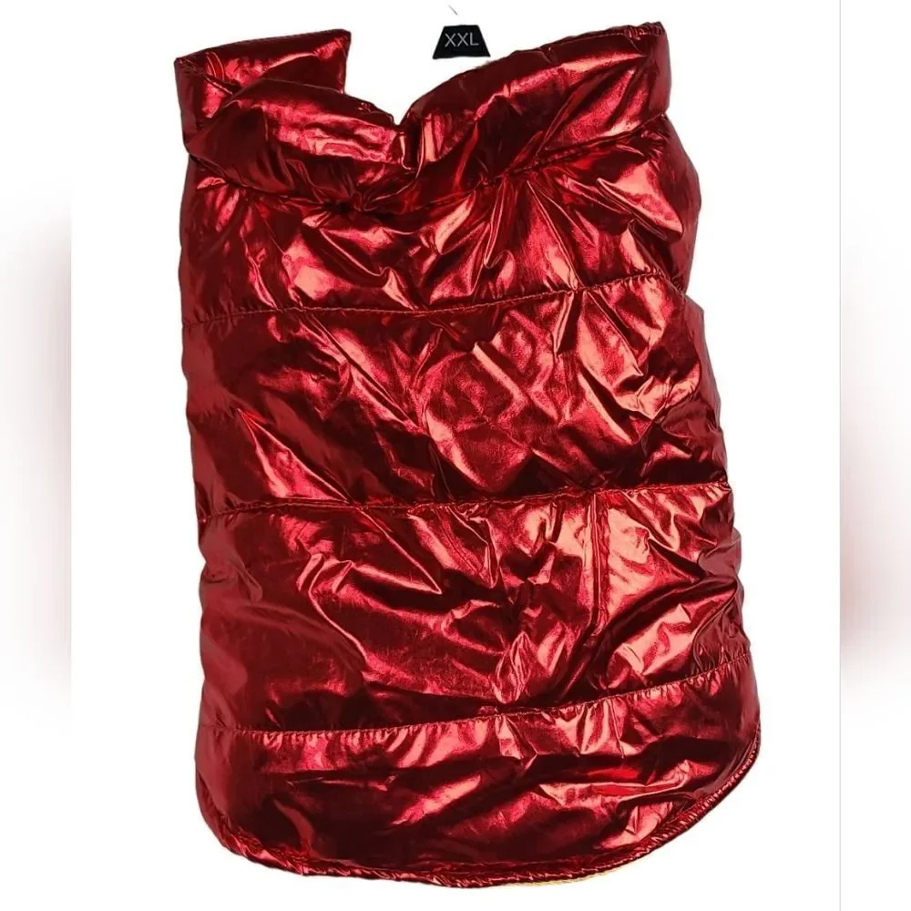 NWT Dog Coat Metallic Red Puffer Rain Jacket Shiny Winter Pet Outerwear Costume